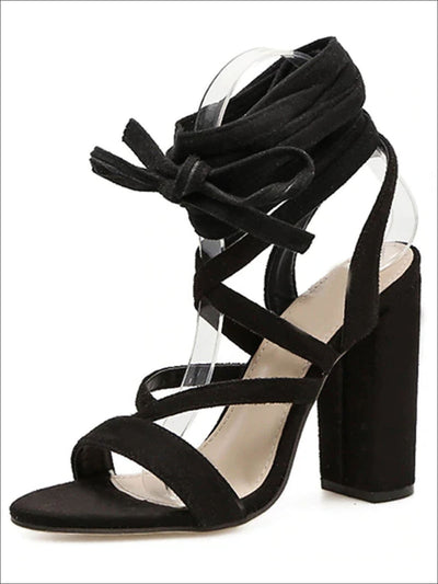 Womens Lace Up Square Heeled Sandals - Black / 4 - Womens Sandals