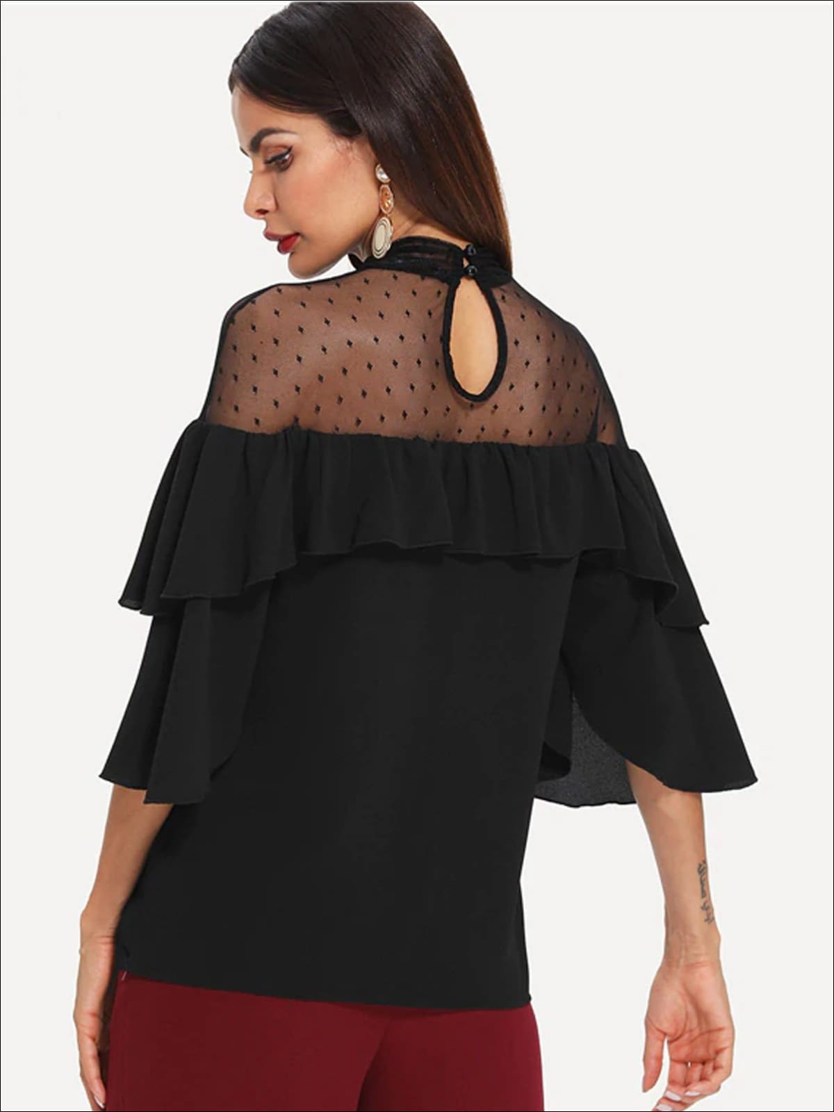 Womens Layered Ruffle Sleeve Dotted Mesh Blouse - Womens Tops
