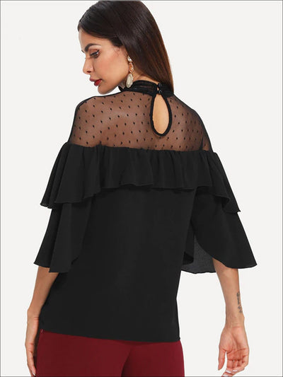Womens Layered Ruffle Sleeve Dotted Mesh Blouse - Womens Tops