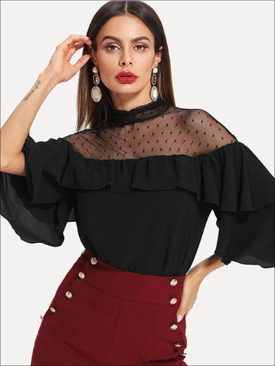 Womens Layered Ruffle Sleeve Dotted Mesh Blouse - Black / XS - Womens Tops