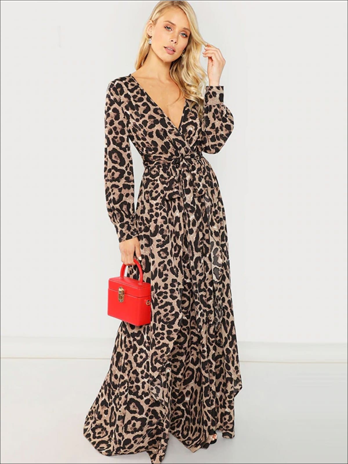 Womens Leopard Print Long Sleeve Wrap Maxi Dress - Womens Fall Dresses
