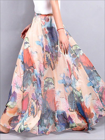 Womens Loose Flare Floral Maxi Skirt - Womens Bottoms
