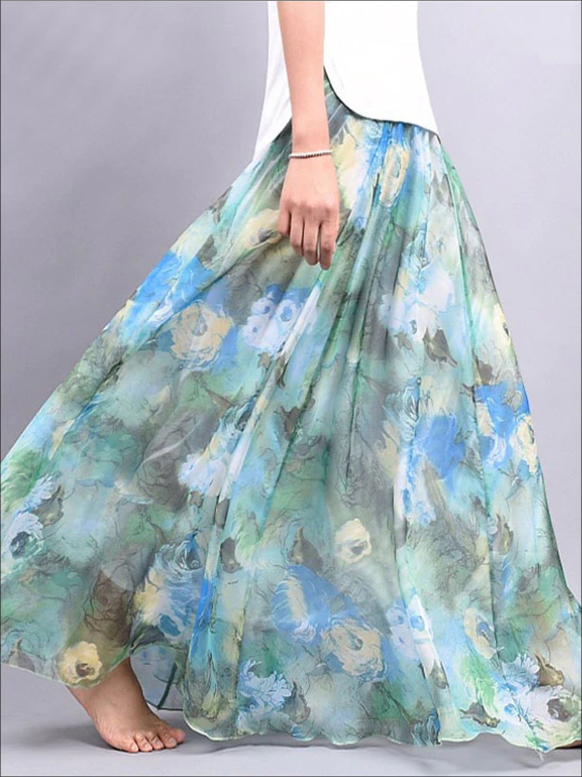 Womens Loose Flare Floral Maxi Skirt - Blue / One Size - Womens Bottoms