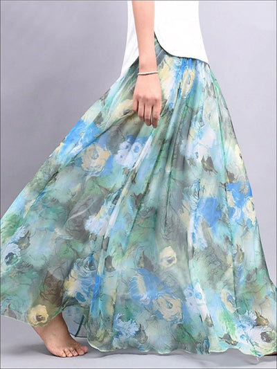 Womens Loose Flare Floral Maxi Skirt - Blue / One Size - Womens Bottoms