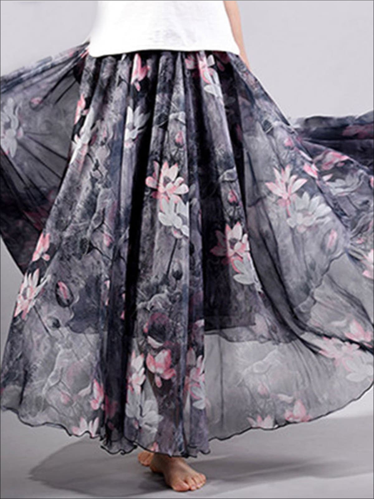 Womens Loose Flare Floral Maxi Skirt - Grey / One Size - Womens Bottoms