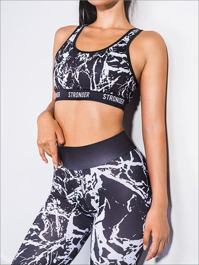 Womens Marble Print Banded Sports Bra & Matching Leggings Set - Womens Activewear