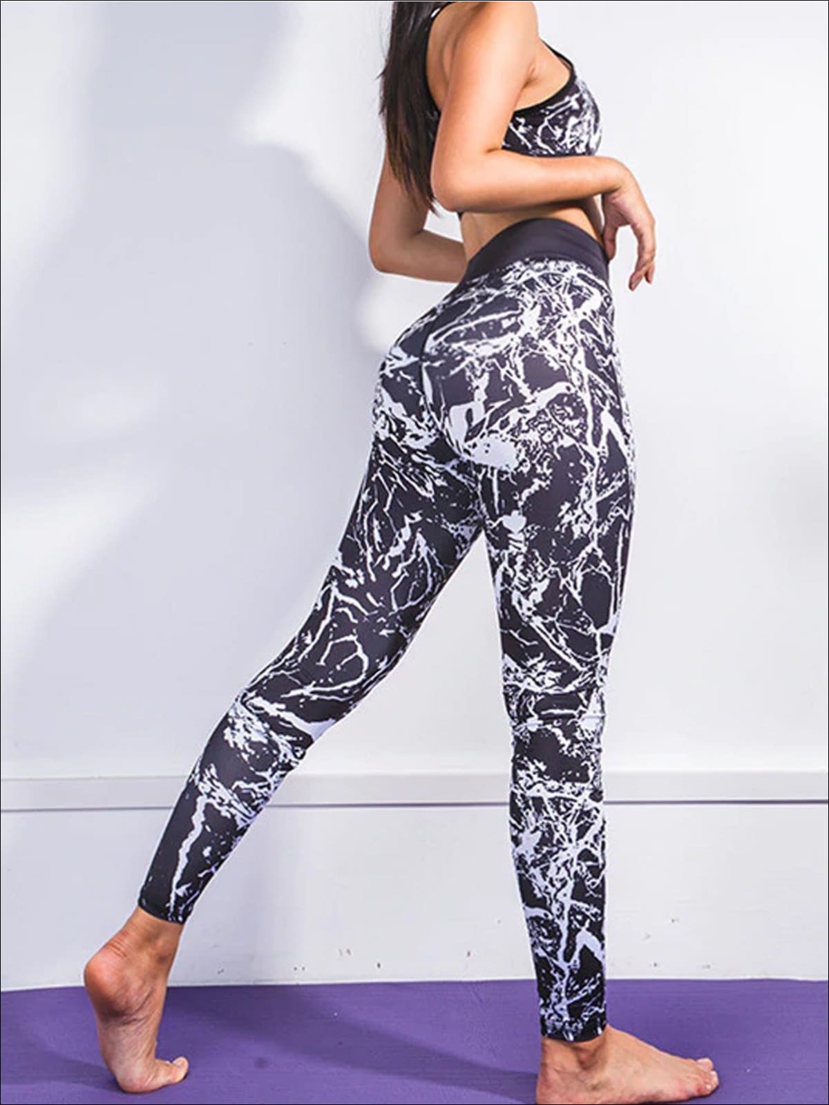 Womens Marble Print Banded Sports Bra & Matching Leggings Set - Womens Activewear
