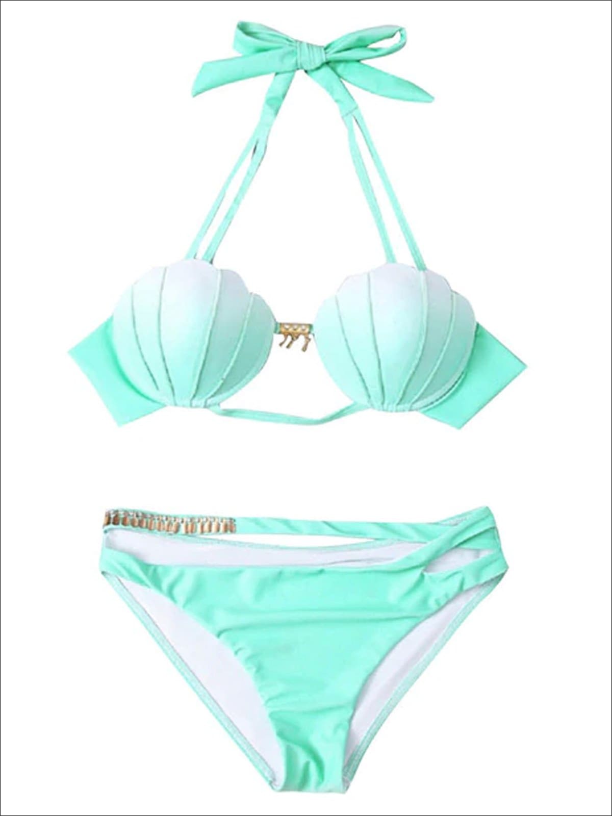 Womens Mermaid Seashell Two Piece Swimsuit - Green / S - Womens Swimsuit