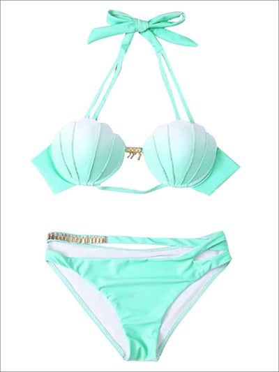 Womens Mermaid Seashell Two Piece Swimsuit - Green / S - Womens Swimsuit