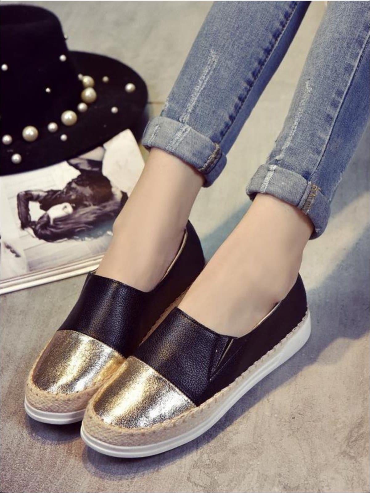 Womens Metallic Espadrille Slip On Shoes - Gold Black / 5 - Womens Shoes
