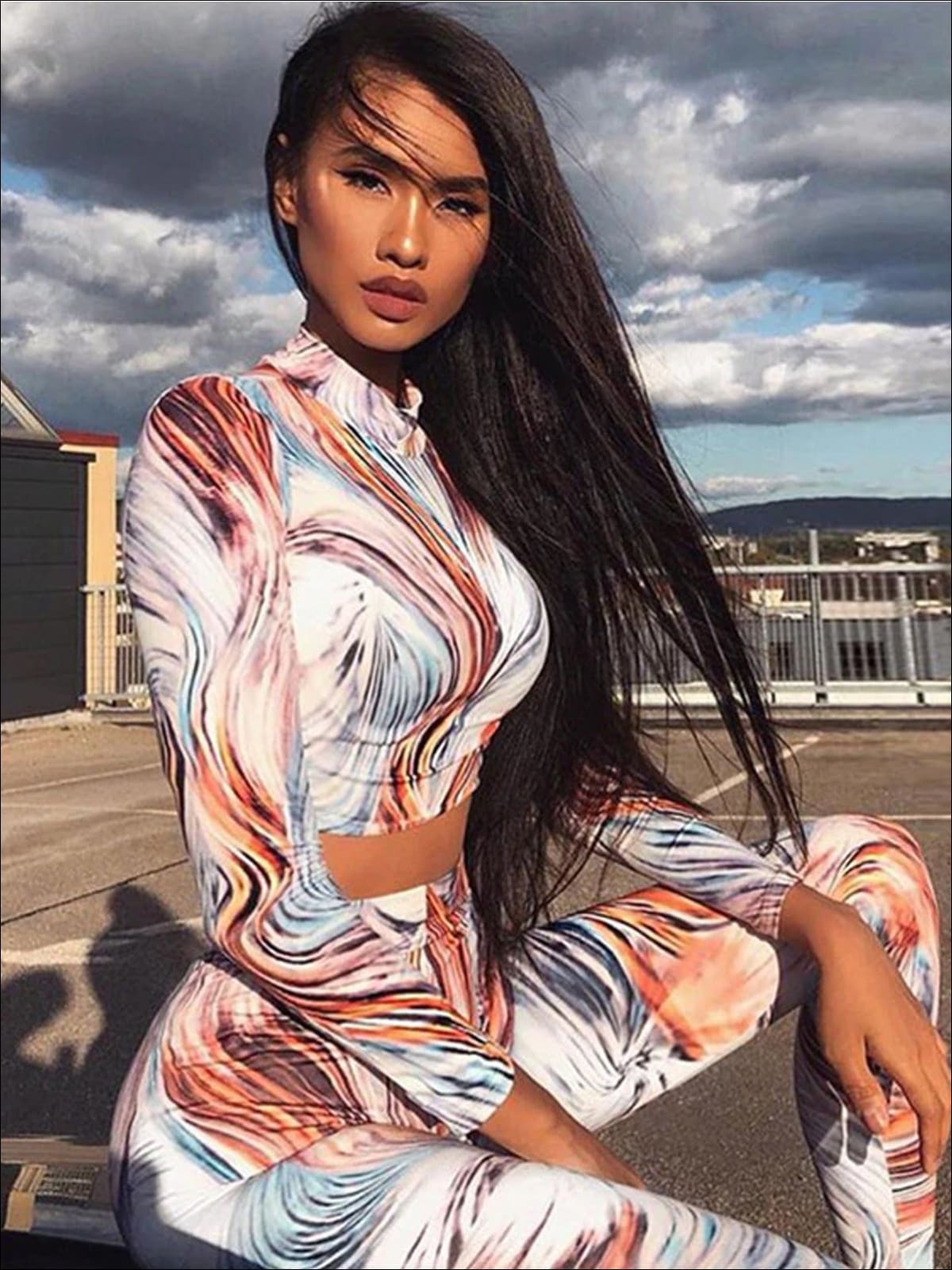 Womens Multicolor Mock Neck Long Sleeve Crop Top Leggings Set - Womens Activewear