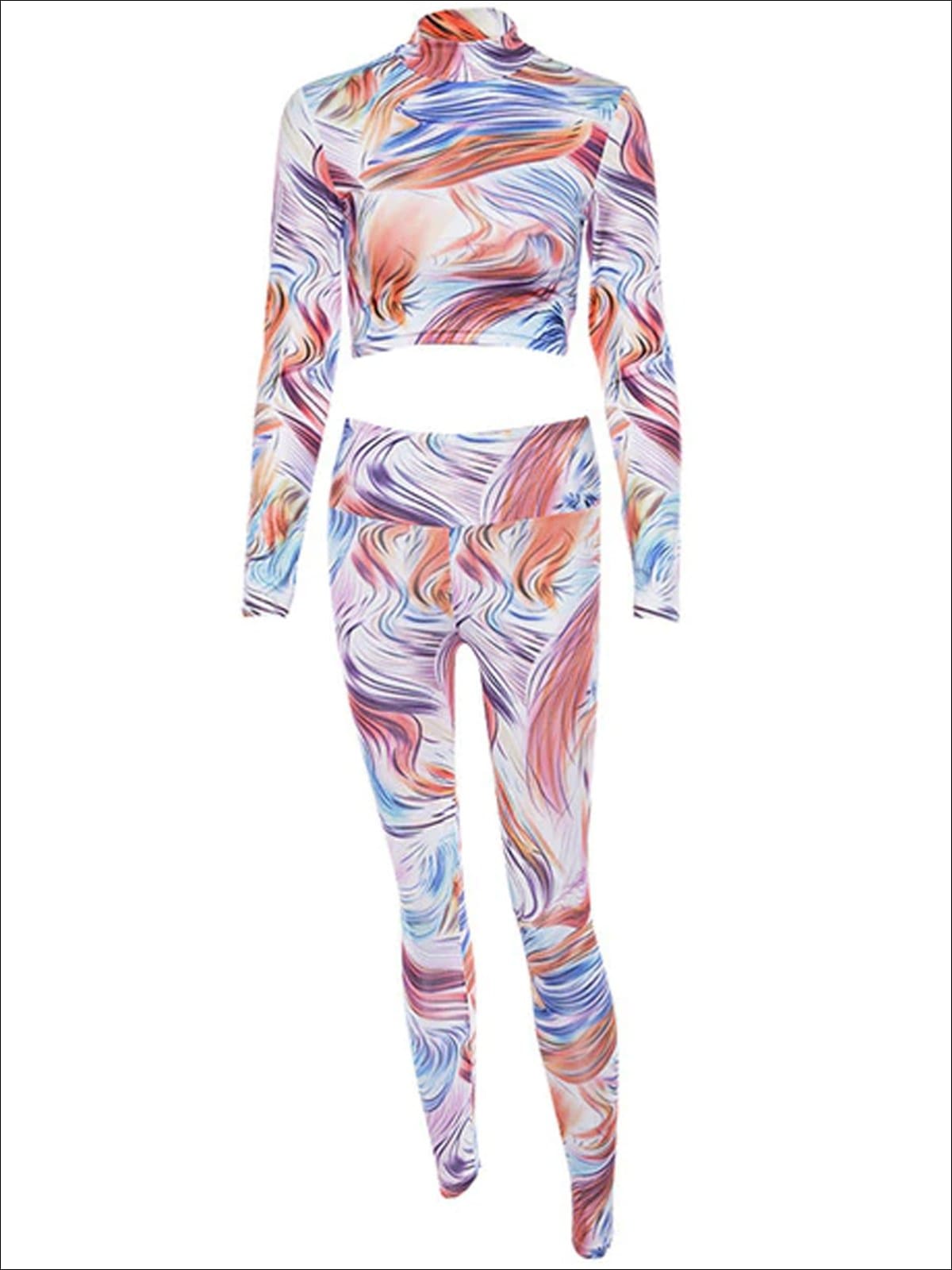 Womens Multicolor Mock Neck Long Sleeve Crop Top Leggings Set - Womens Activewear