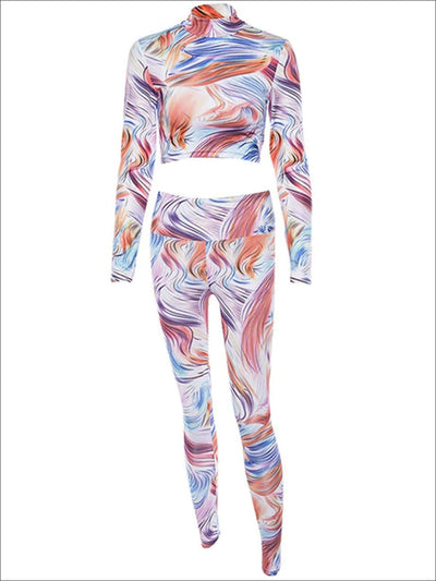 Womens Multicolor Mock Neck Long Sleeve Crop Top Leggings Set - Womens Activewear