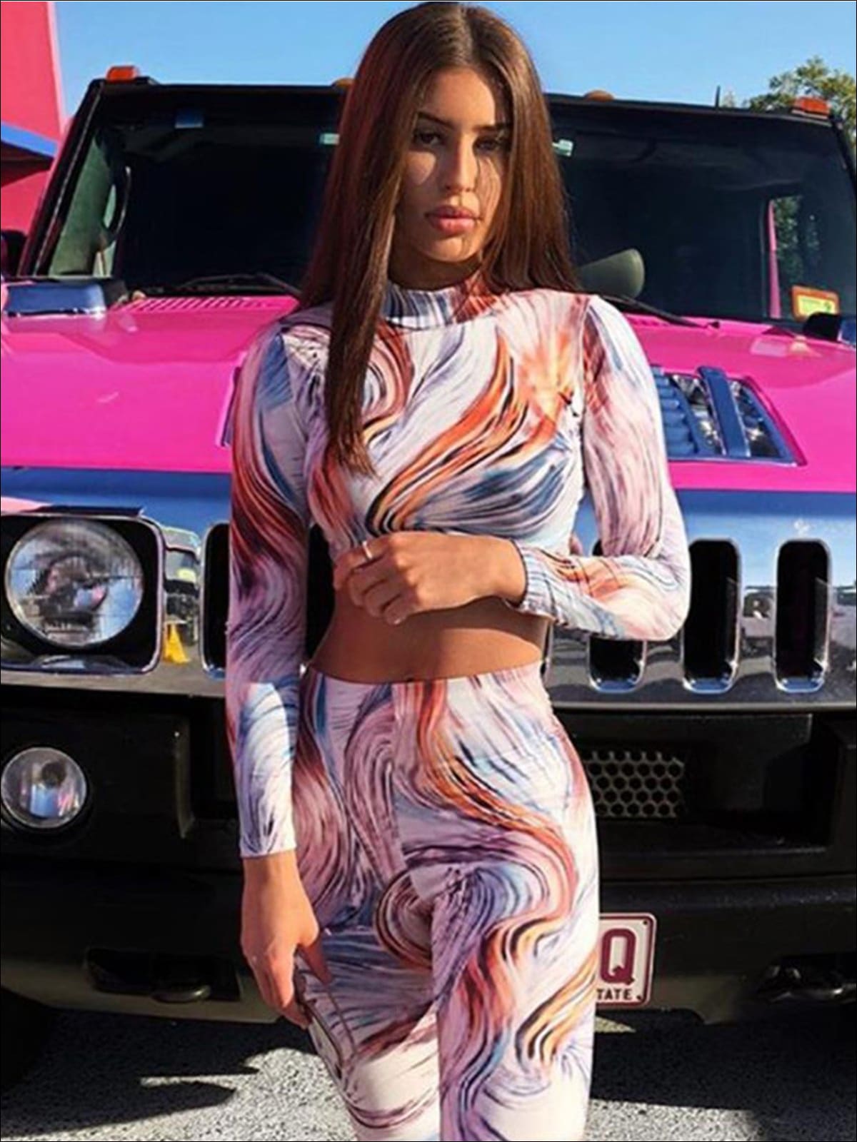 Womens Multicolor Mock Neck Long Sleeve Crop Top Leggings Set - Womens Activewear