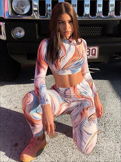 Womens Multicolor Mock Neck Long Sleeve Crop Top Leggings Set - Multicolor / S - Womens Activewear