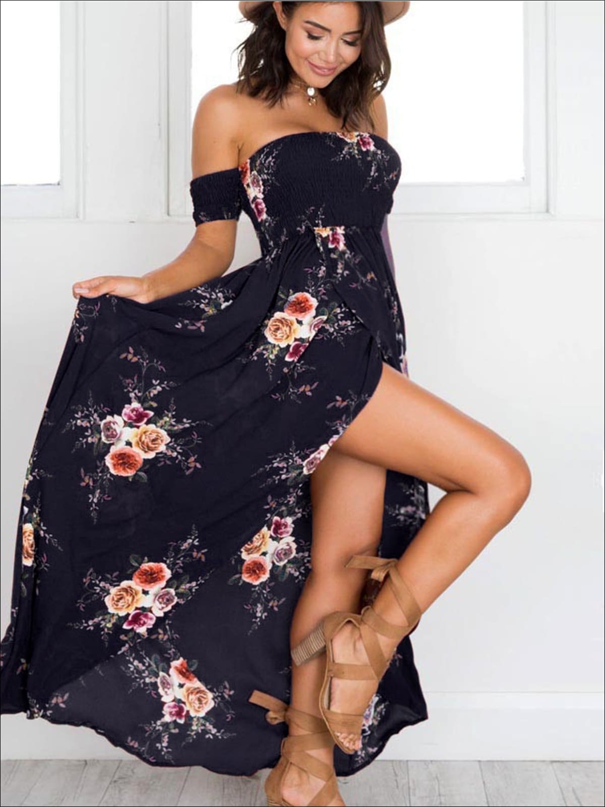 Womens Navy Floral Off Shoulder Front Slit Maxi Dress - Womens Dresses