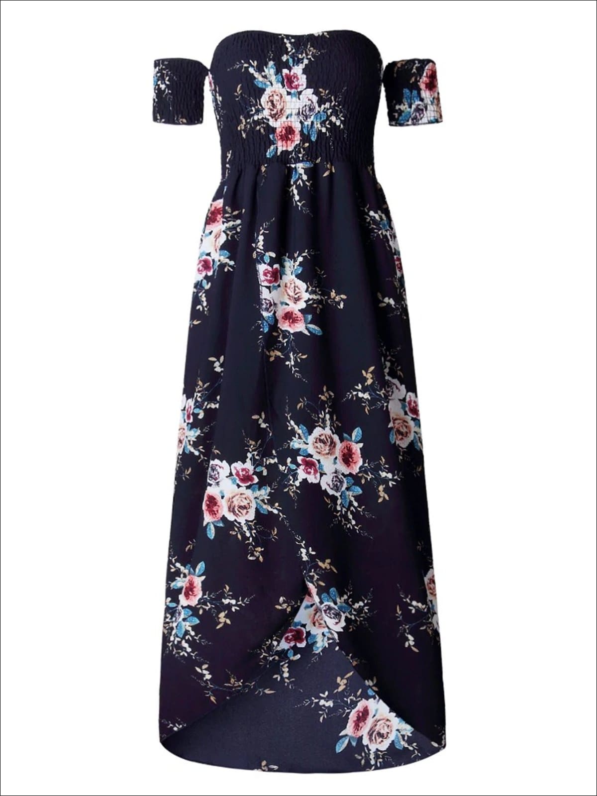 Womens Navy Floral Off Shoulder Front Slit Maxi Dress - Womens Dresses
