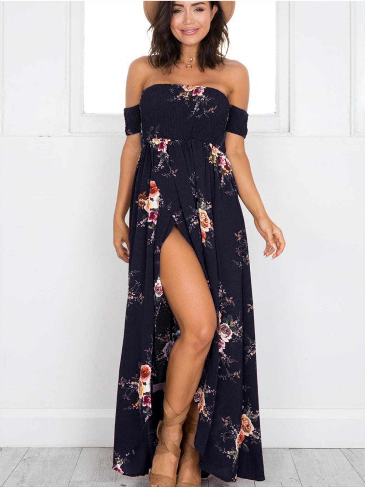 Womens Navy Floral Off Shoulder Front Slit Maxi Dress - Navy Floral / S - Womens Dresses