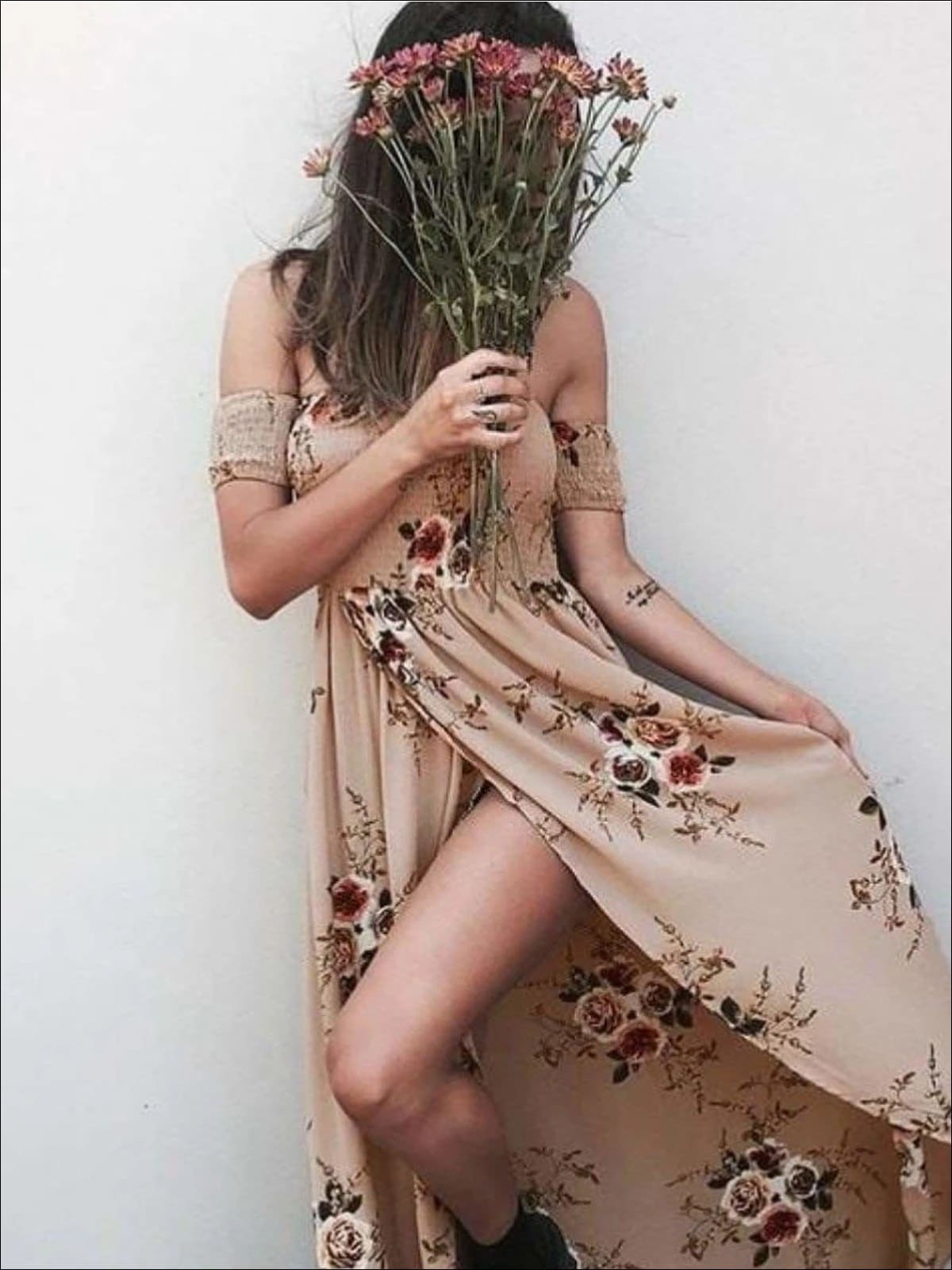 Womens Off Shoulder Khaki Floral Beach Maxi Beach Dress with Side Slit - Brown / S - Womens Dresses