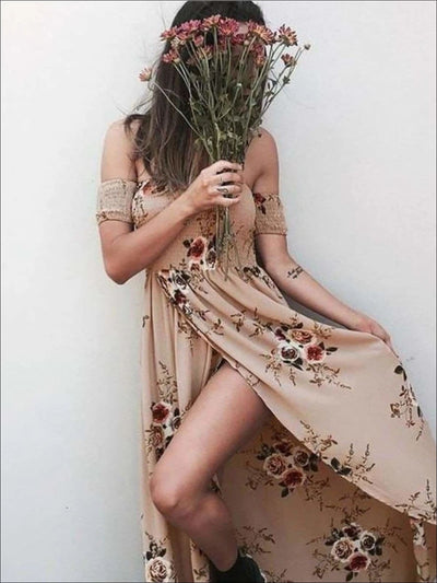 Womens Off Shoulder Khaki Floral Beach Maxi Beach Dress with Side Slit - Brown / S - Womens Dresses