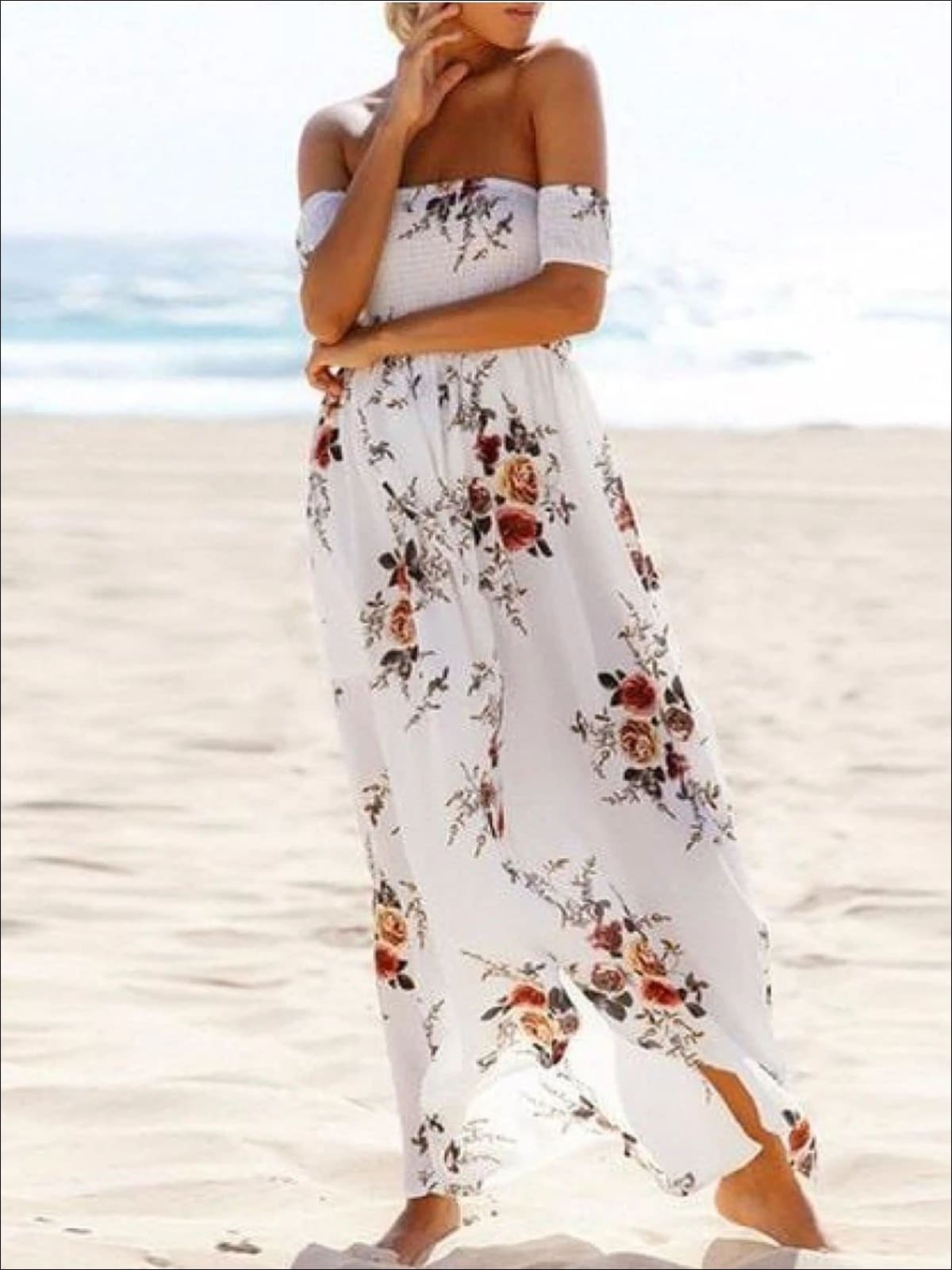 Womens Off Shoulder White Floral Beach Maxi Dress with Front Slit - Womens Dresses