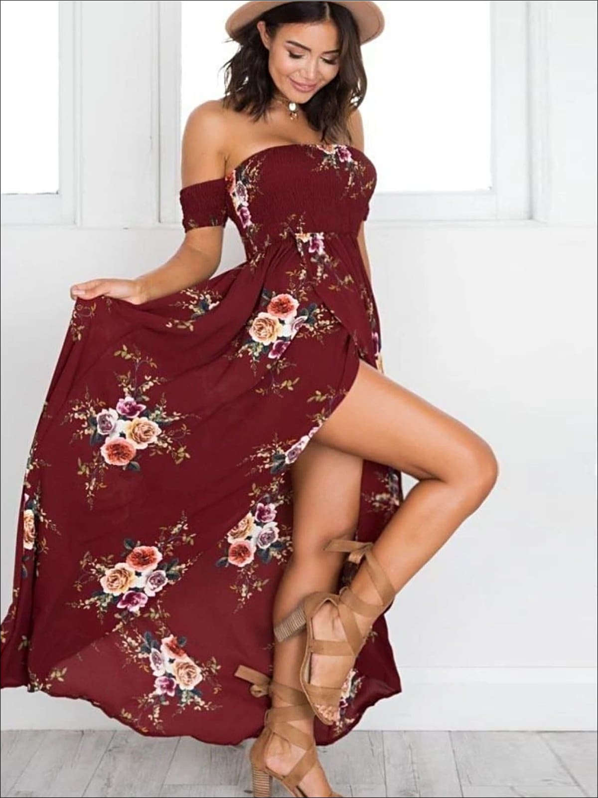 Womens Off Shoulder Wine Floral Beach Maxi Dress with Side Slit - Womens Dresses
