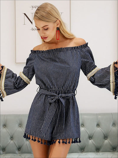 Womens Off The Shoulder Tassel Hem Striped Romper - Womens Jumpsuits