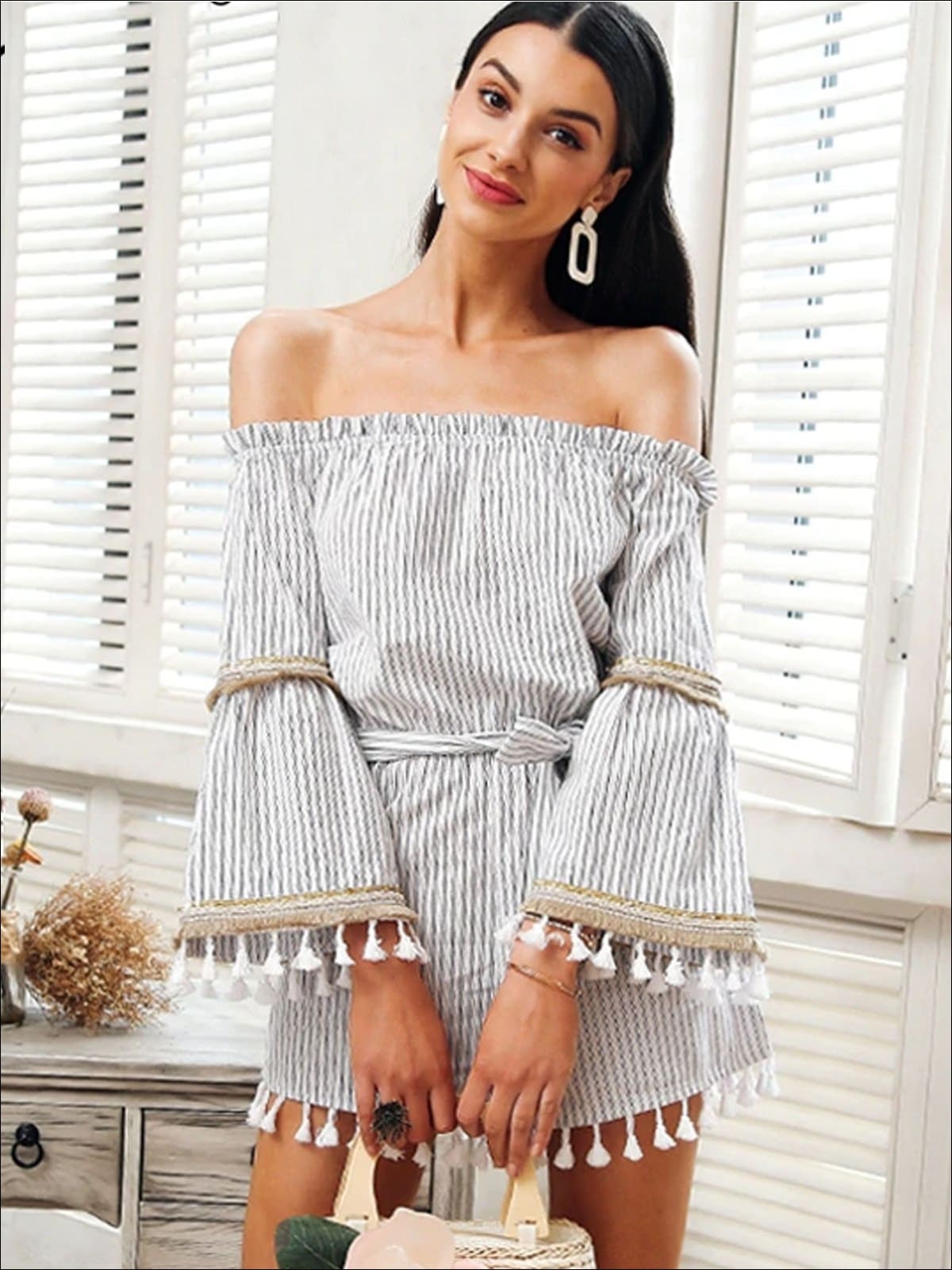 Womens Off The Shoulder Tassel Hem Striped Romper - Womens Jumpsuits