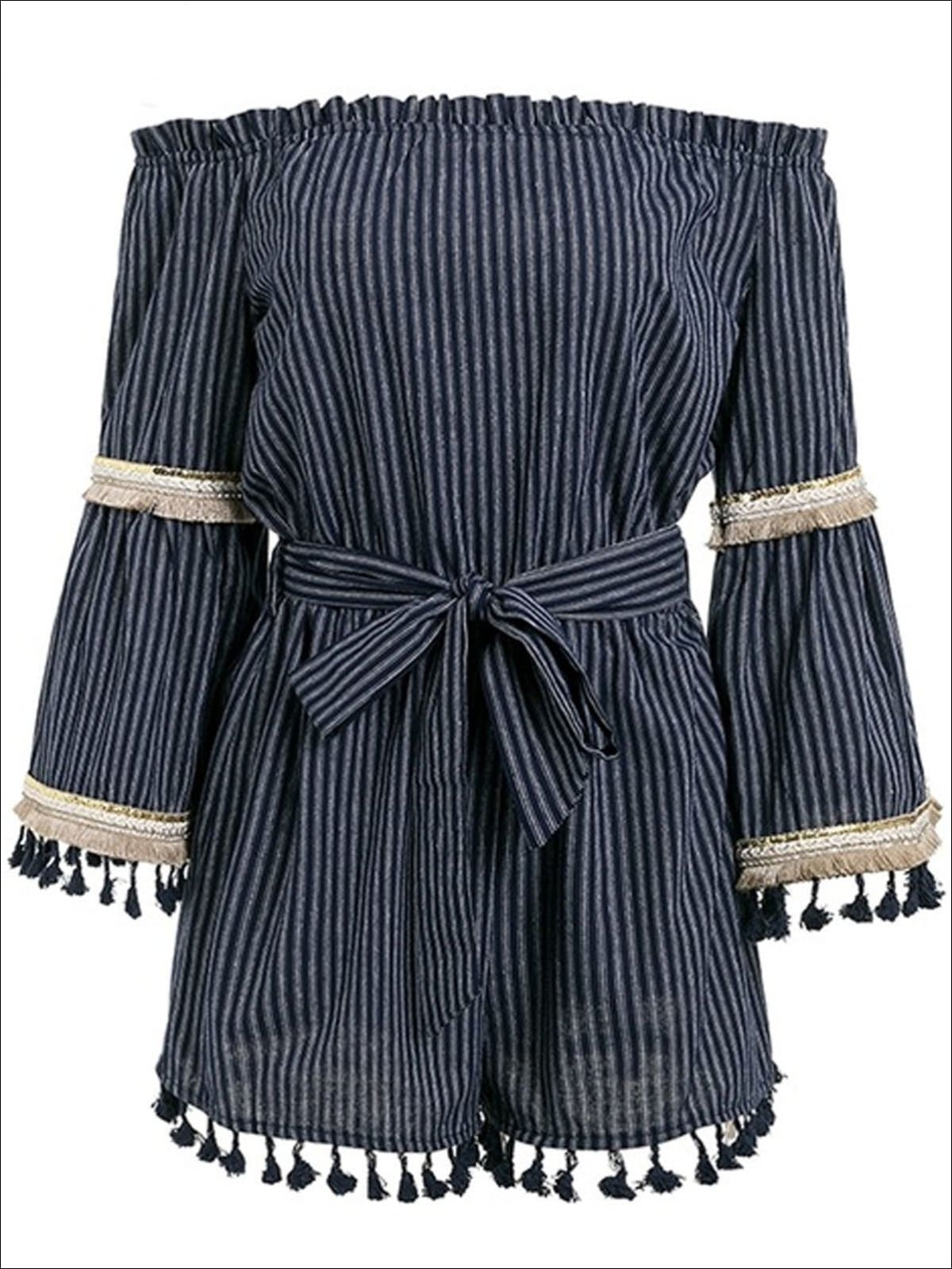 Womens Off The Shoulder Tassel Hem Striped Romper - Navy / S - Womens Jumpsuits