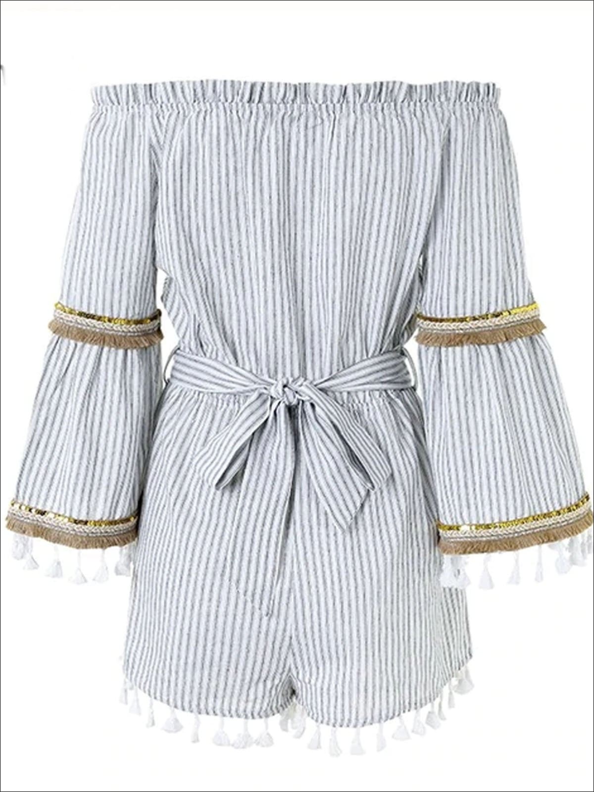 Womens Off The Shoulder Tassel Hem Striped Romper - White / S - Womens Jumpsuits
