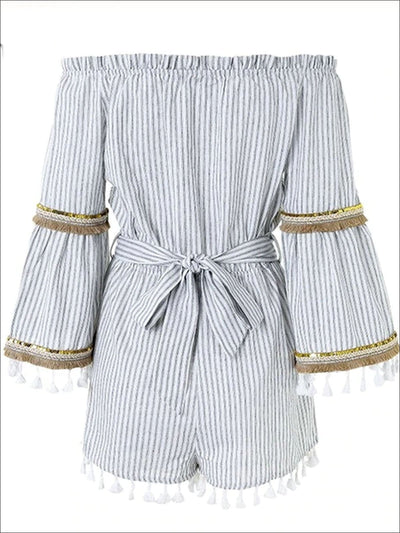 Womens Off The Shoulder Tassel Hem Striped Romper - White / S - Womens Jumpsuits