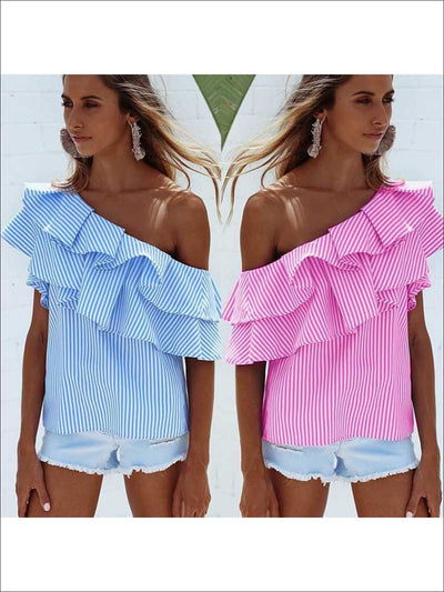 Womens One Open Shoulder Striped Ruffled Blouse - Womens Tops