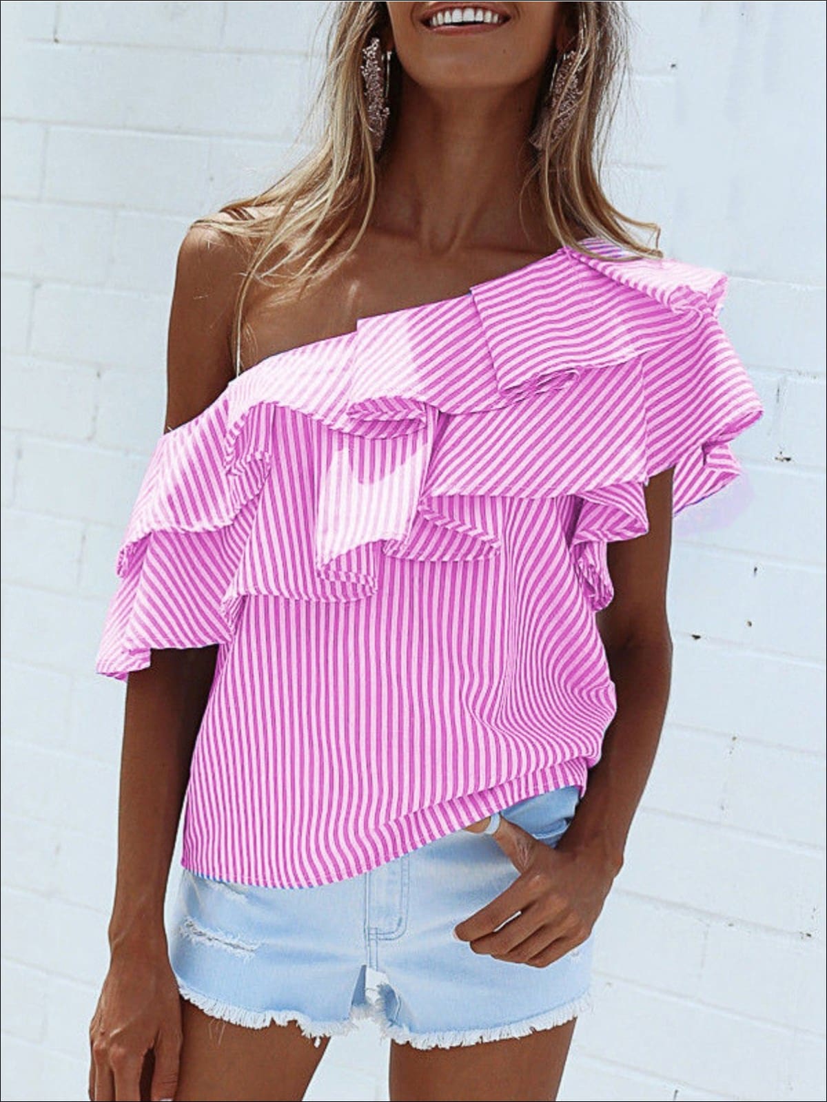 Womens One Open Shoulder Striped Ruffled Blouse - Womens Tops