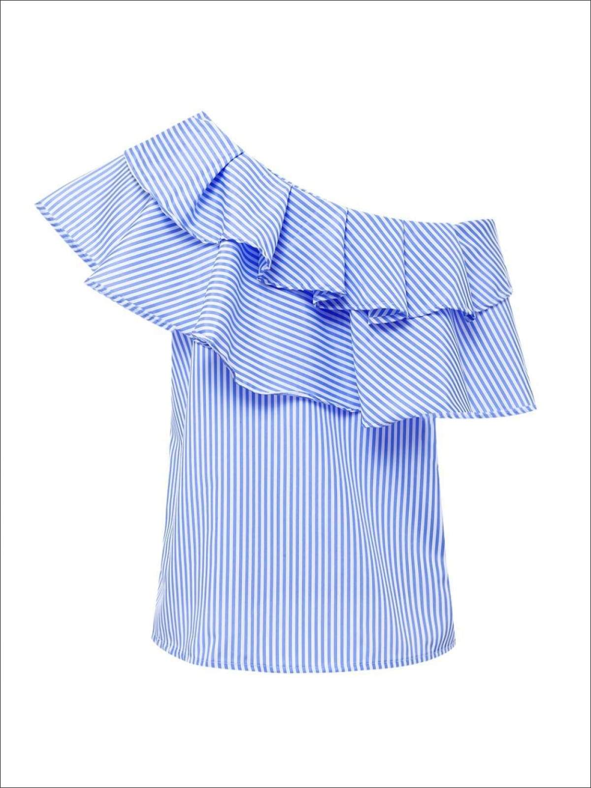 Womens One Open Shoulder Striped Ruffled Blouse - Womens Tops