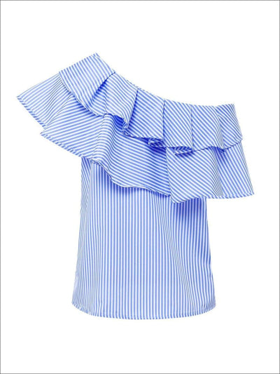 Womens One Open Shoulder Striped Ruffled Blouse - Womens Tops
