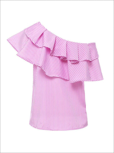 Womens One Open Shoulder Striped Ruffled Blouse - Womens Tops