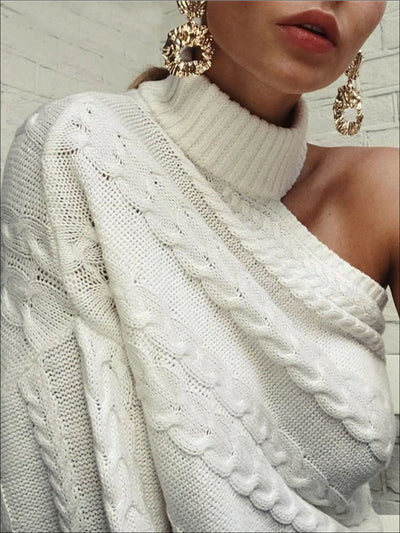 Womens One Shoulder Cable Knit Sweater - Womens Fall Sweaters
