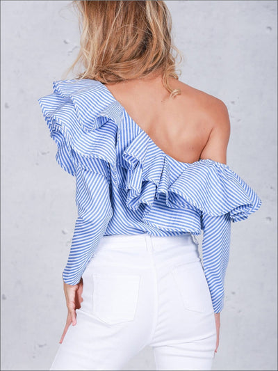 Womens One shoulder Ruffled Long Sleeve Blouse - Womens Tops