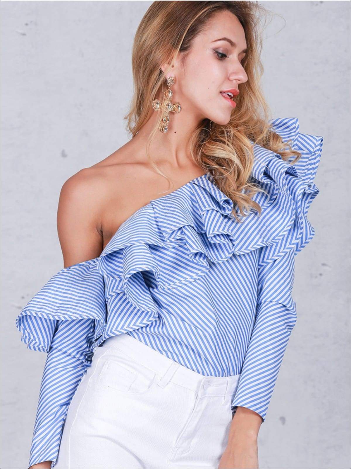 Womens One shoulder Ruffled Long Sleeve Blouse - Womens Tops