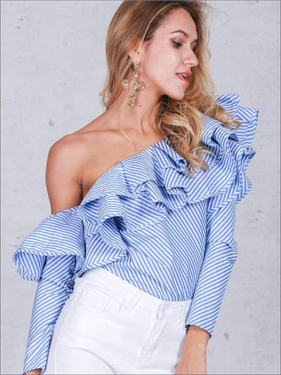Womens One shoulder Ruffled Long Sleeve Blouse - Womens Tops