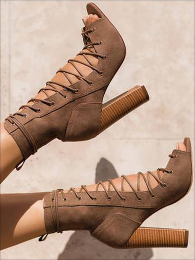 Womens Open Toe Lace Up High Heel Booties - Womens Shoes