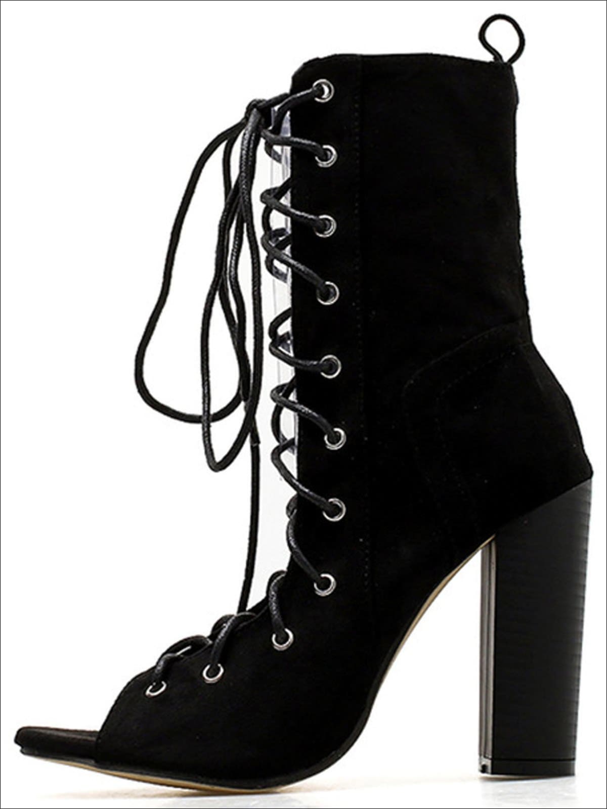 Womens Open Toe Lace Up High Heel Booties - Black / 4 - Womens Shoes