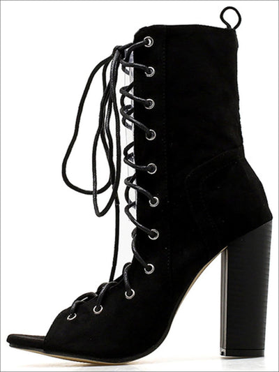 Womens Open Toe Lace Up High Heel Booties - Black / 4 - Womens Shoes
