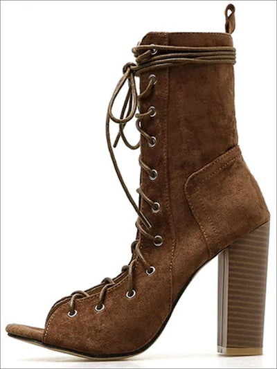 Womens Open Toe Lace Up High Heel Booties - Brown / 4 - Womens Shoes