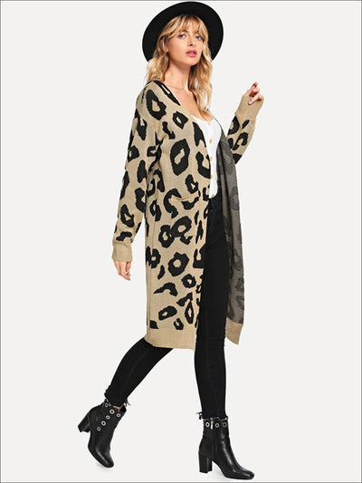 Womens Over-Sized Leopard Print Open Front Cardigan - Womens Fall Outerwear