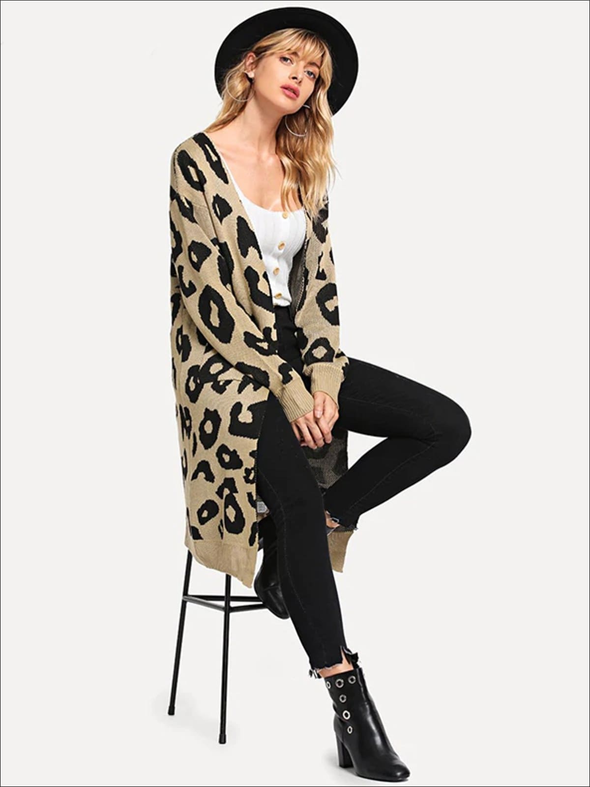 Womens Over-Sized Leopard Print Open Front Cardigan - Beige / S - Womens Fall Outerwear