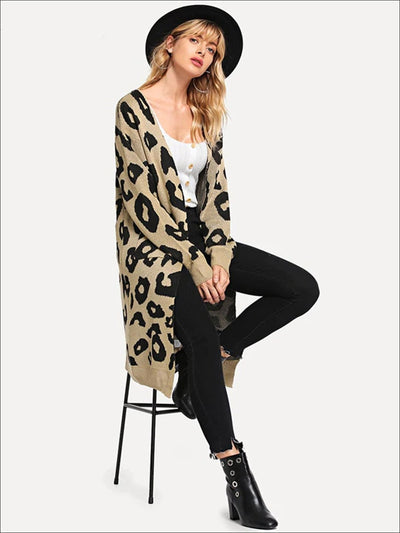 Womens Over-Sized Leopard Print Open Front Cardigan - Beige / S - Womens Fall Outerwear