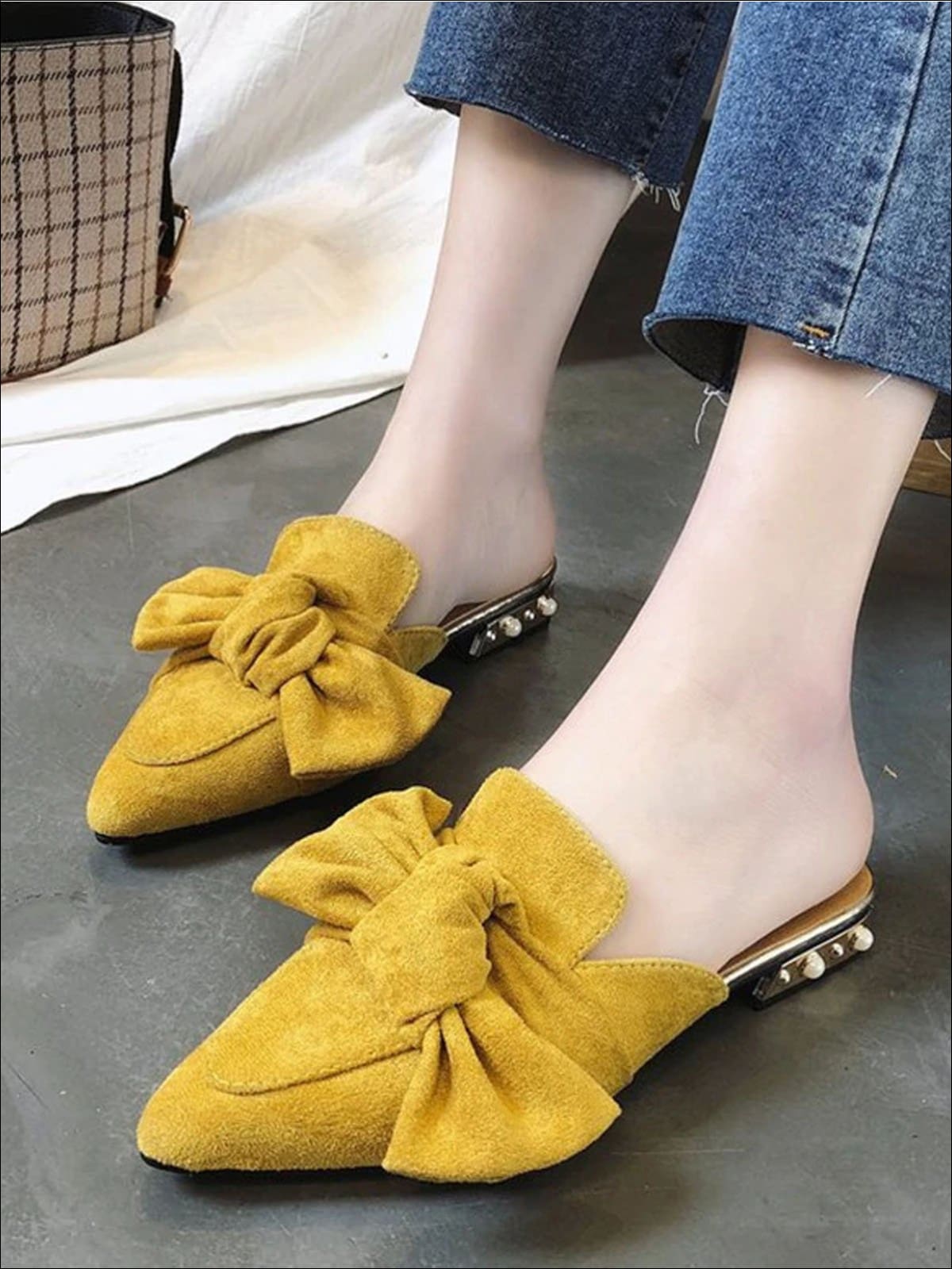 Womens Pearl Embellished Heel Bowtie Pointed Toe Mules - Womens Shoes