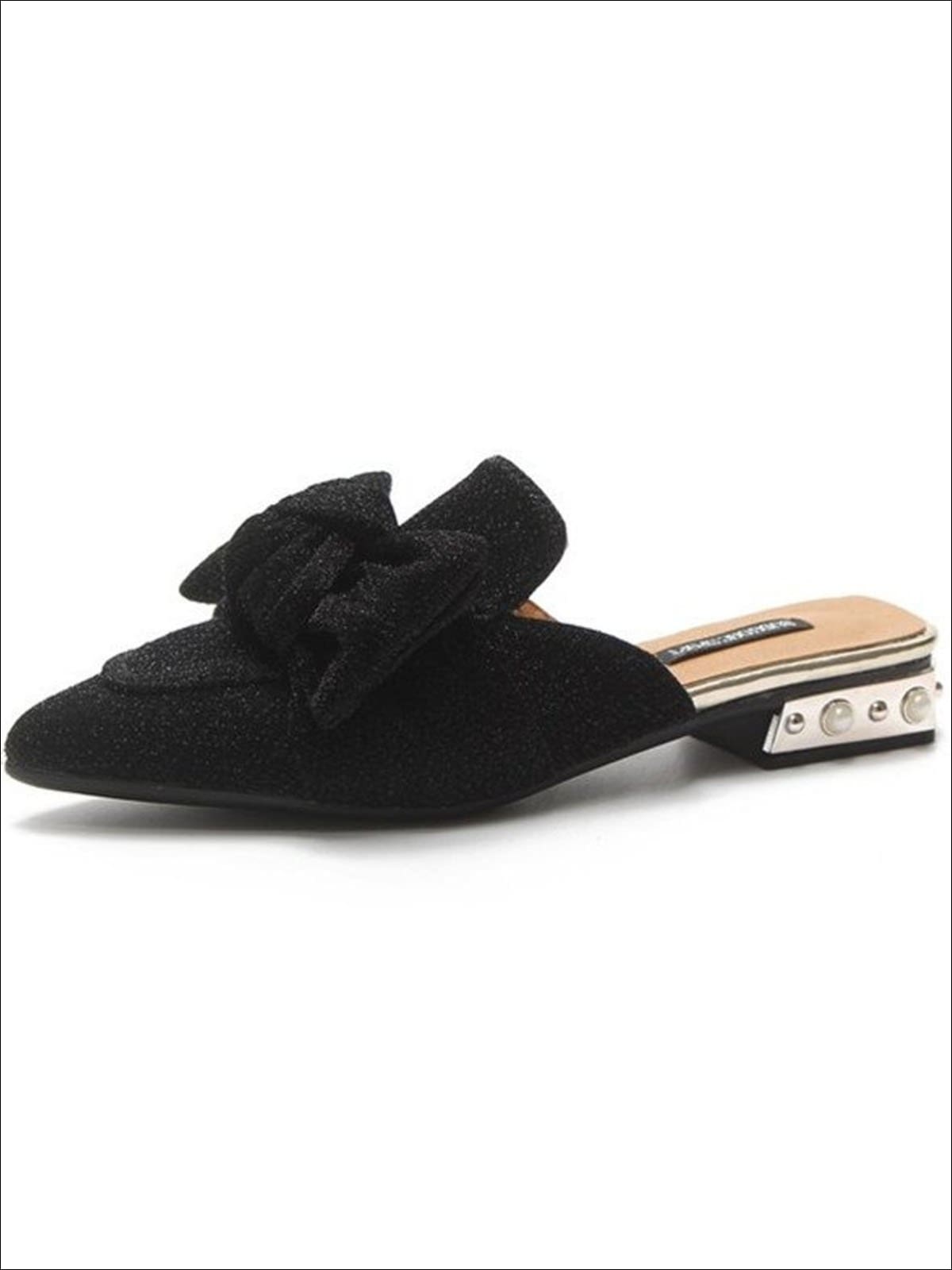 Womens Pearl Embellished Heel Bowtie Pointed Toe Mules - Black / 4 - Womens Shoes