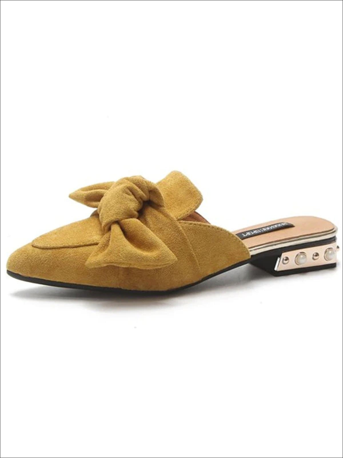 Womens Pearl Embellished Heel Bowtie Pointed Toe Mules - Yellow / 4 - Womens Shoes